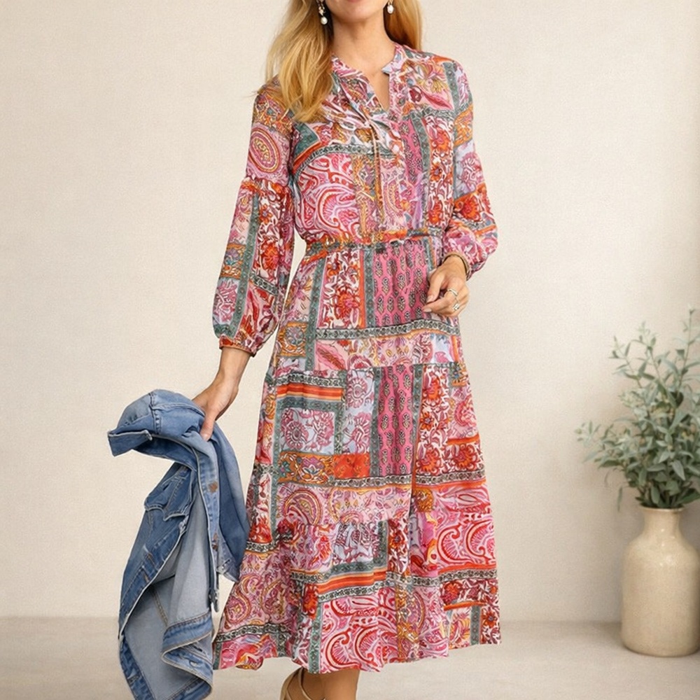 Soft Surroundings Patchwork Paisley Midi Dress Bo… - image 1
